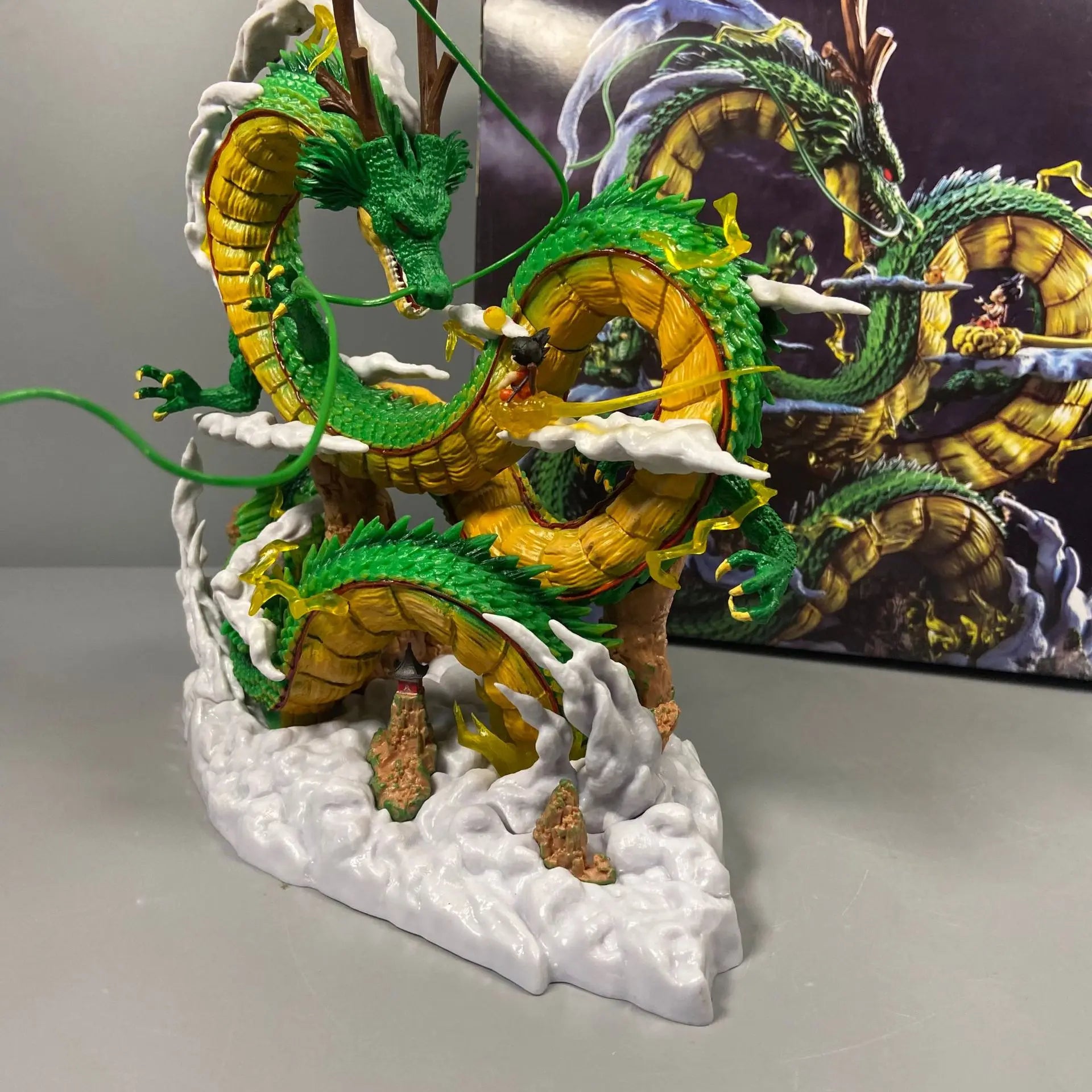 A 24cm Dragon Ball Shenron Figure made of high-quality PVC, featuring Son Goku standing with the Eternal Dragon, ideal for anime room decoration.