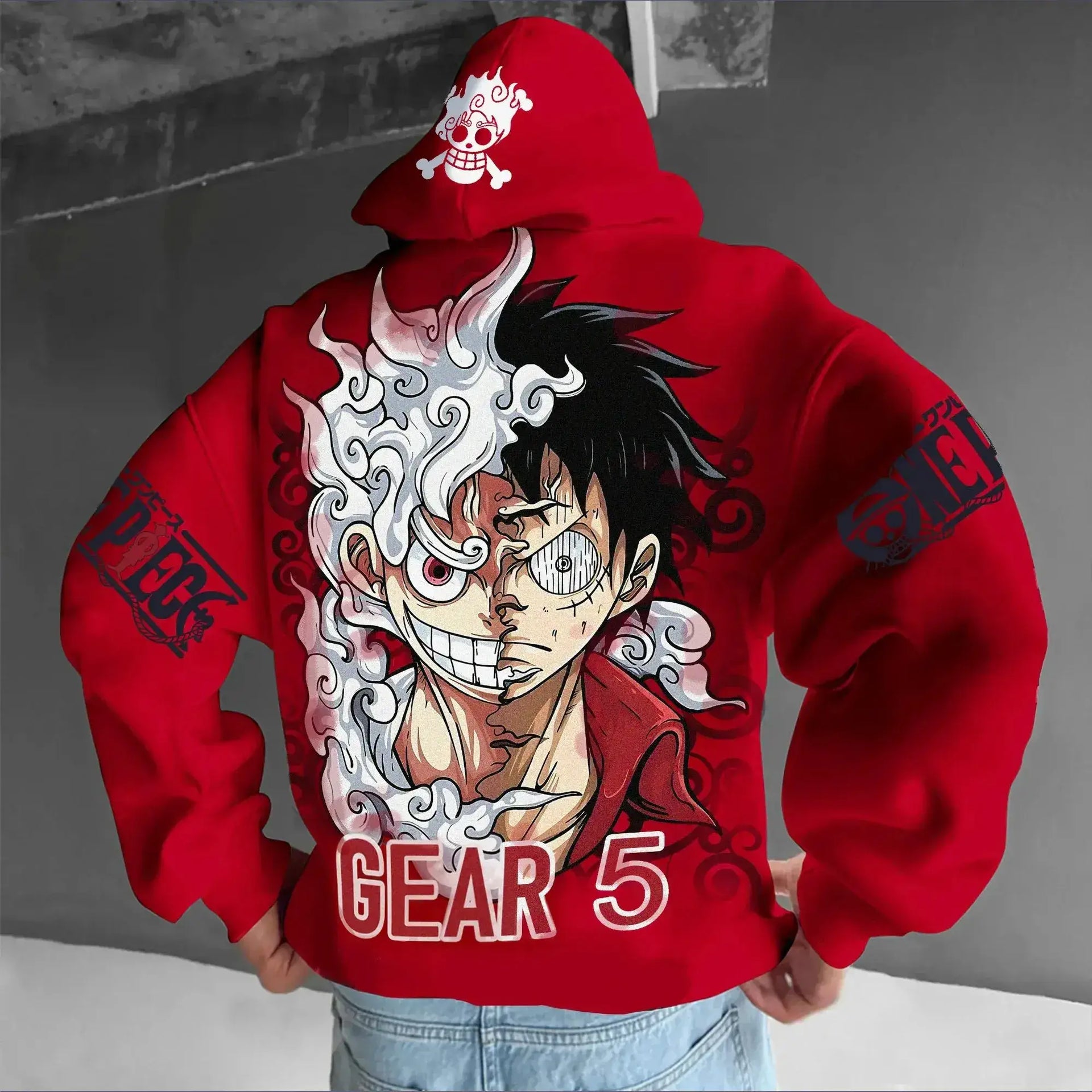 A streetwear One Piece Luffy Gear 5 Nika Anime Hoodie, a casual pullover for men and women's autumn and winter cosplay.