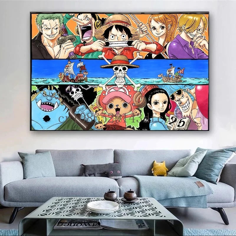A high-definition One Piece Canvas Painting featuring Monkey D. Luffy in a watercolor art style, hanging on a modern living room wall.