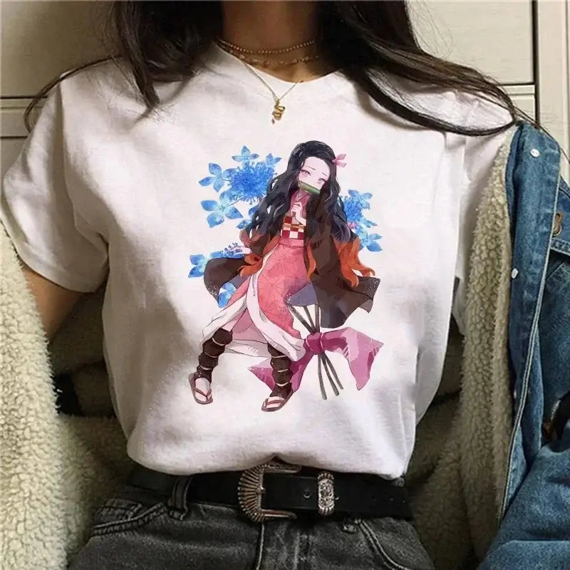 A Demon Slayer T Shirt for Women, a female Kimetsu No Yaiba graphic tee with a Nezuko and Tanjirou Kamado print.