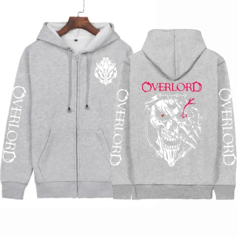 A unisex Overlord Cosplay Horror Skull Hoodie with a zip-up front, designed as Harajuku sportswear.