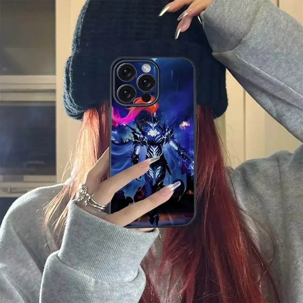 A soft TPU Solo Leveling Phone Case featuring Sung Jinwoo anime art, compatible with Apple iPhone 16, 15, and 14 Pro Max.