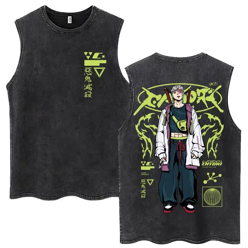 A washed retro Zenitsu Demon Slayer Tank Top featuring Agatsuma Zenitsu manga art, sleeveless cotton summer streetwear for men and women.