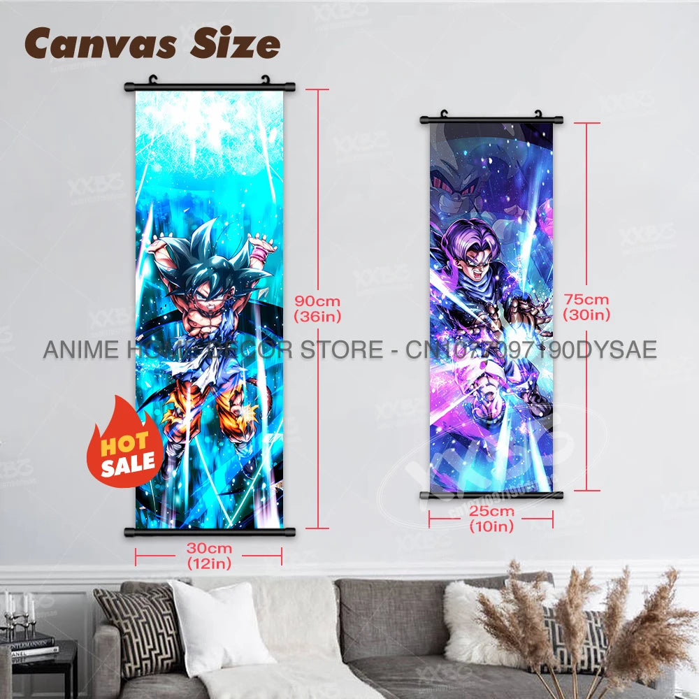 High-definition Dragon Ball Posters hanging scroll wall art featuring Son Goku, Vegeta, and Frieza printed on canvas for home decor.