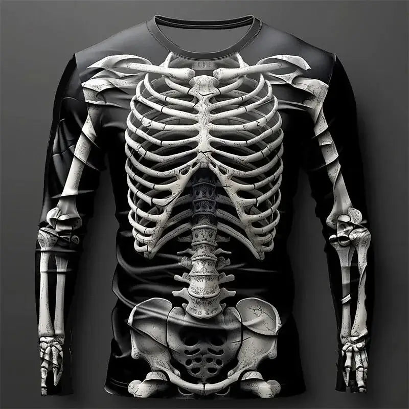 A man wearing the oversized Creative Design 3D Skull Print Men's T-Shirt with long sleeves.