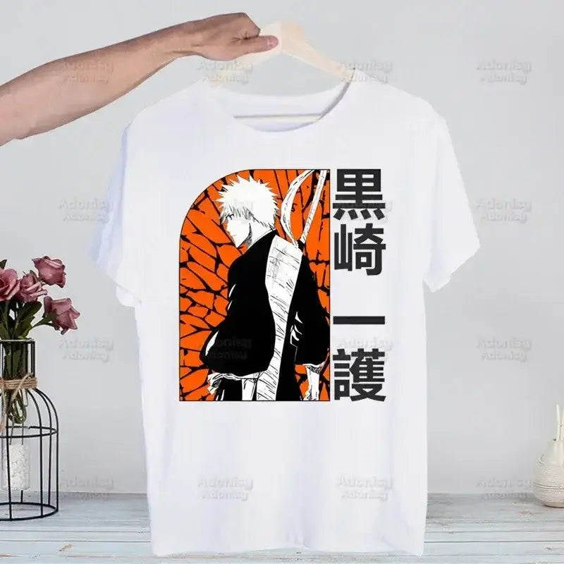 A men's Bleach Kurosaki Ichigo T-shirt in a funny Harajuku hip hop streetwear style for summer.