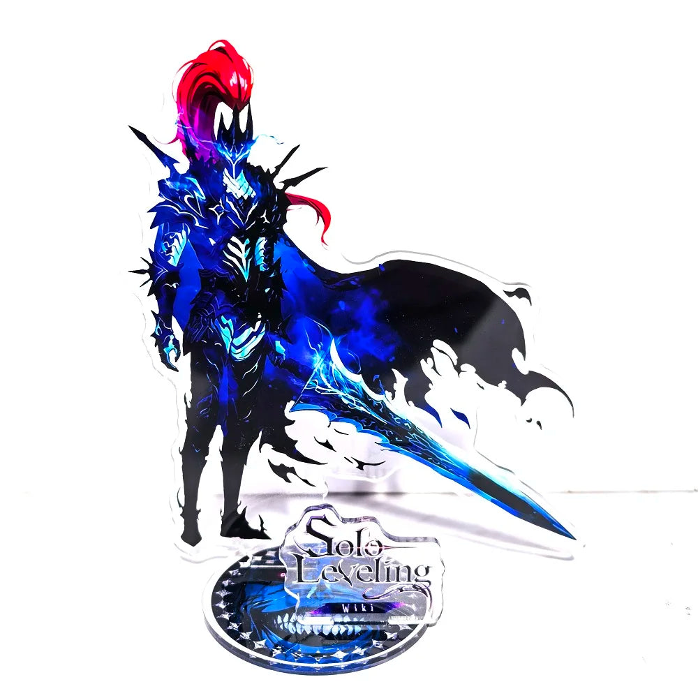 A high-definition 15cm Solo Leveling Acrylic Stand featuring Sung Jinwoo, Sung Jin Ah, and Yoo Jin Ho anime action figures for desk decoration.