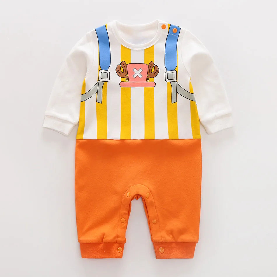 A newborn infant wearing the Baby Anime Costume, a cosplay jumpsuit available in Luffy, Akatsuki, and Vegeta styles.