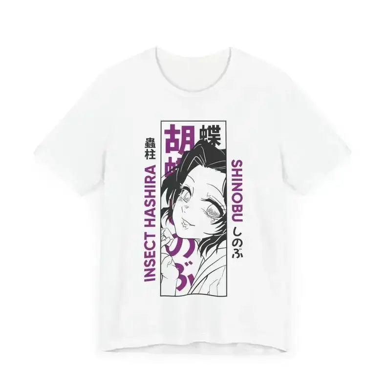 A Demon Slayer Hashira Shinobu T-shirt, a graphic anime tee for manga lovers.