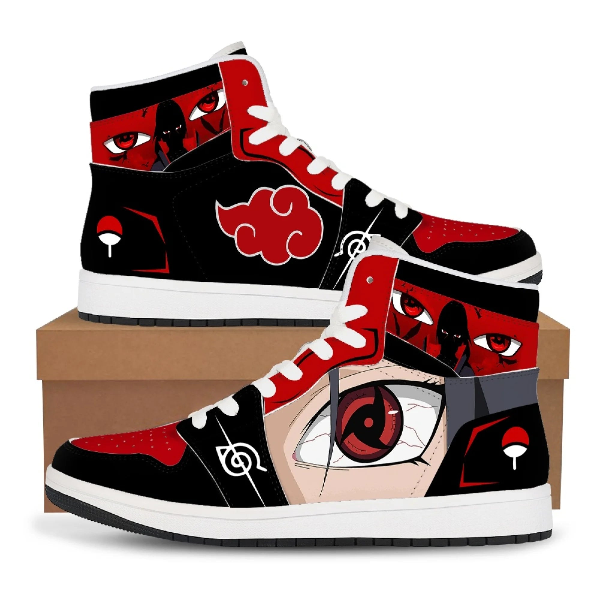 Trendy black Akatsuki High-Top Sneakers featuring the red cloud anime symbol, comfortable casual basketball shoes for men.