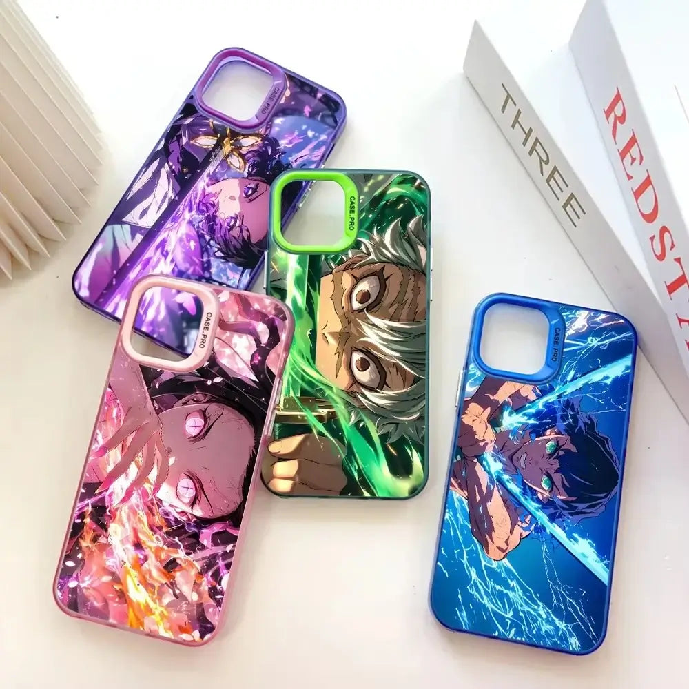 A matte black Demon Slayer Phone Case featuring cool anime character art and shockproof silicone protection for Apple iPhone 16, 15, and 14 Pro Max.