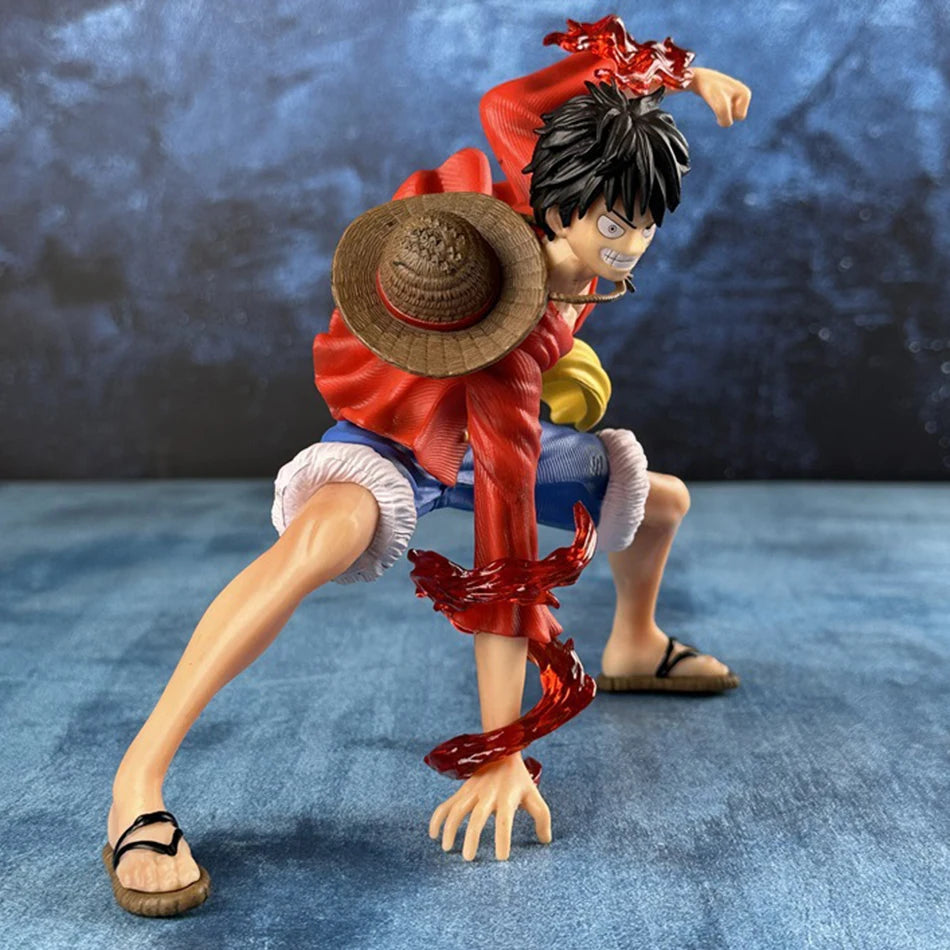 A detailed 20cm One Piece Luffy Figures statue showing Monkey D. Luffy in a dynamic battle style pose, made of PVC for anime collections.