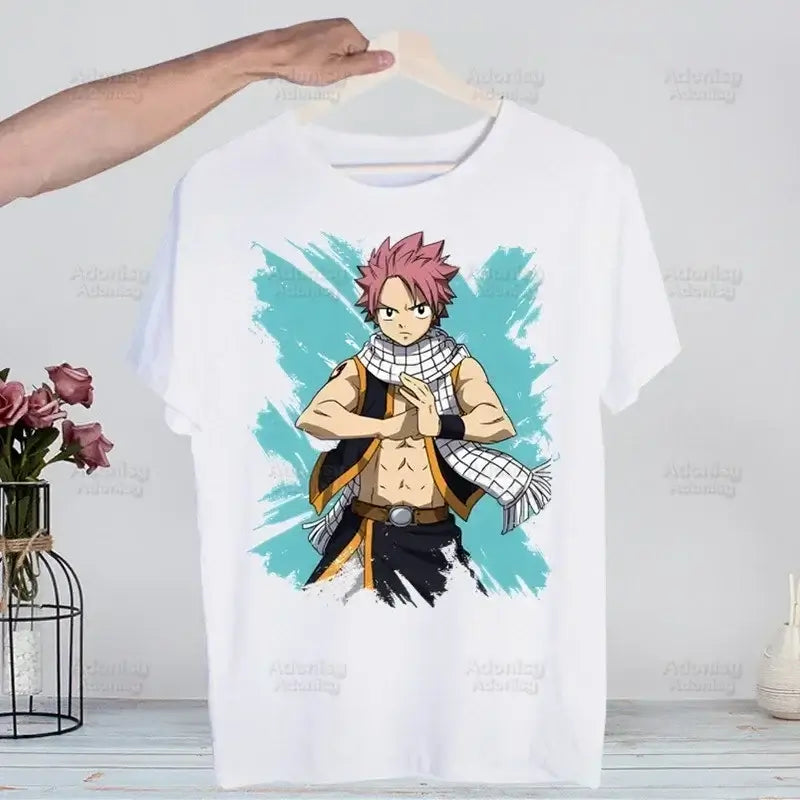 A hip hop style Fairy Tail T-shirt made of cotton featuring anime characters Natsu Dragneel and Lucy Heartfilia.
