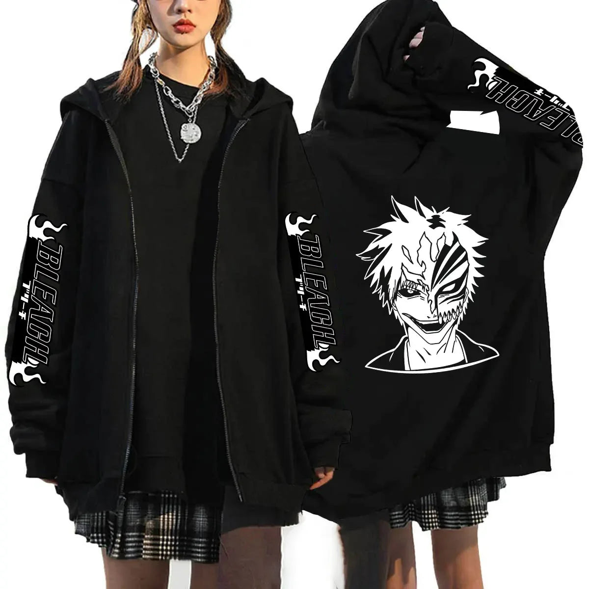 A casual loose Bleach Ichigo Zip Up Hoodie featuring a Kurosaki Ichigo anime print, designed as a unisex Harajuku zipper jacket for men and women.