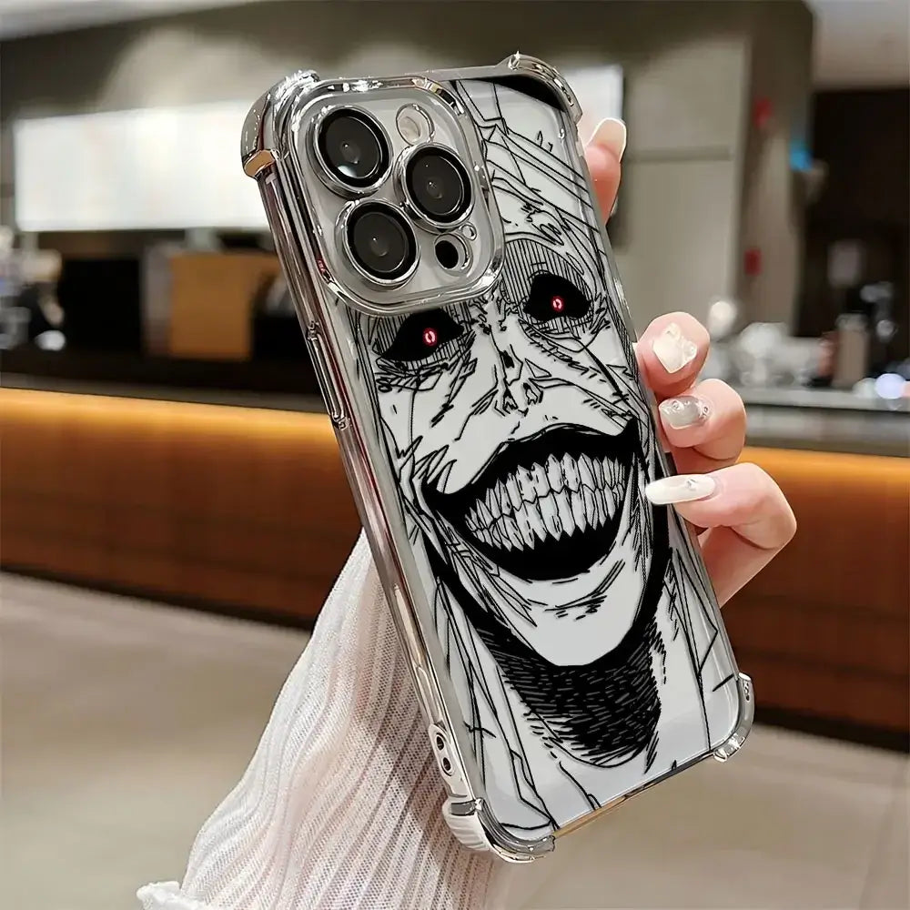 A luxury Solo Leveling Plating Case featuring Sung Jinwoo art with electroplated edges and anti-fall airbag corners for Apple iPhone 16 and 15.