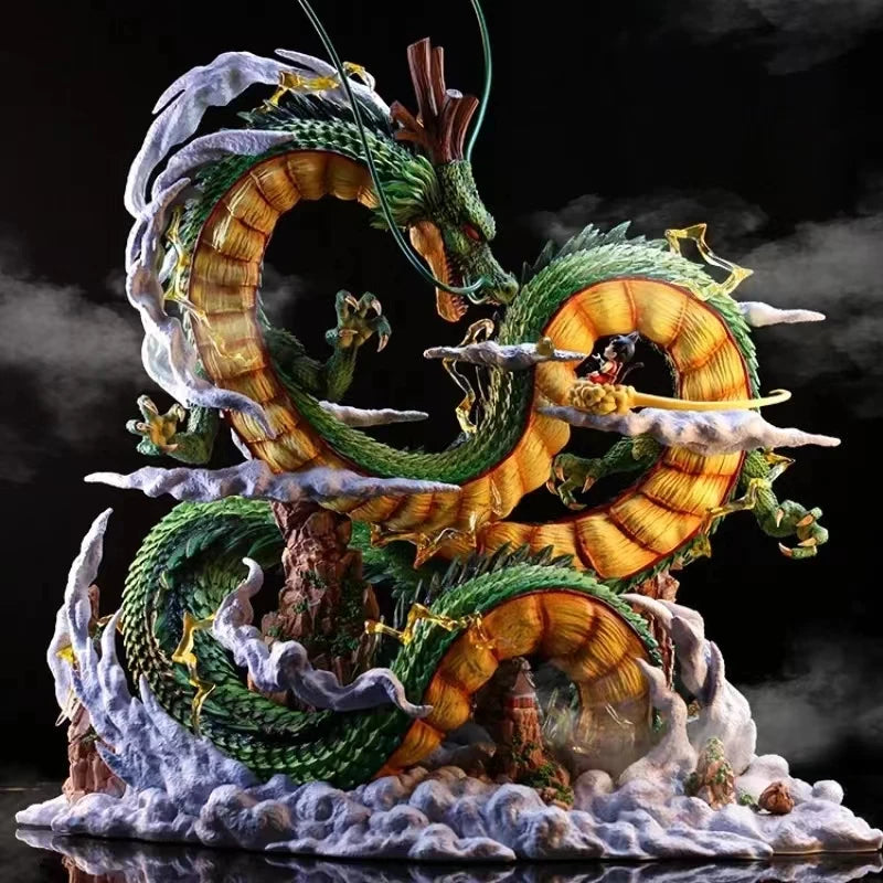 A 24cm Dragon Ball Shenron Figure made of high-quality PVC, featuring Son Goku standing with the Eternal Dragon, ideal for anime room decoration.
