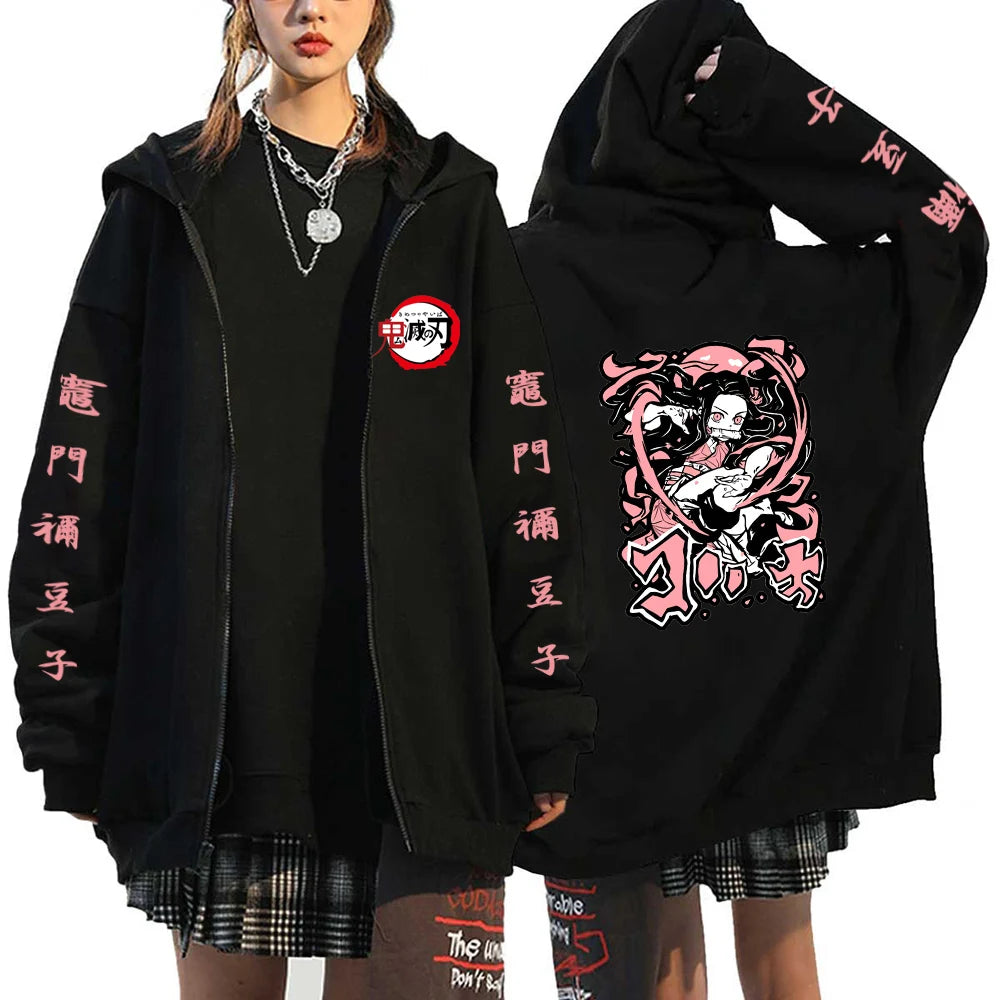 A Y2K style Demon Slayer Zip Up Hoodie featuring a Nezuko Kamado graphic, unisex hip hop streetwear for men and women.