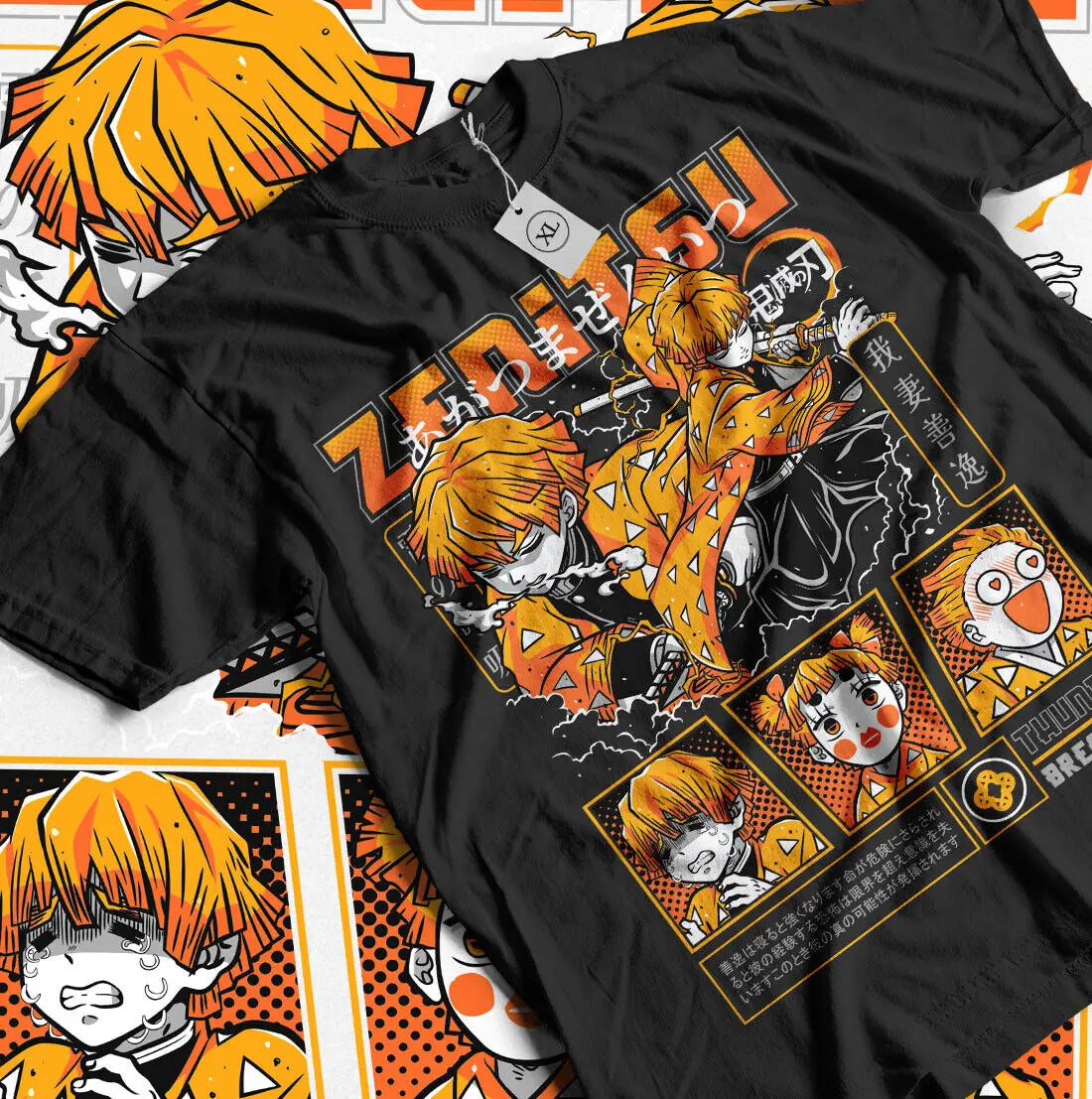 An Agatsuma Zenitsu T-Shirt from Demon Slayer, featuring a design perfect for a Halloween shirt or fan gift.