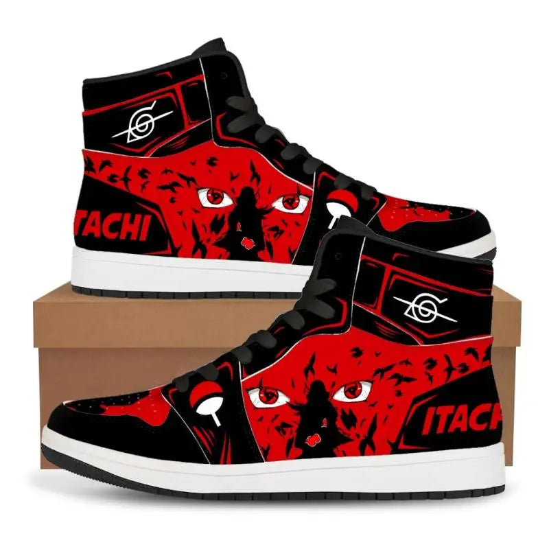 Trendy black Akatsuki High-Top Sneakers featuring the red cloud anime symbol, comfortable casual basketball shoes for men.