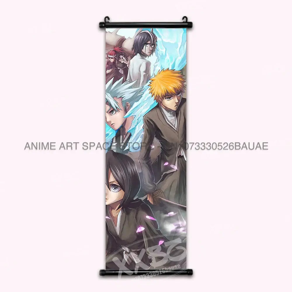 High-quality Bleach Anime Posters Japanese hanging scroll featuring Kurosaki Ichigo and Kuchiki Rukia printed on durable canvas for home decor.
