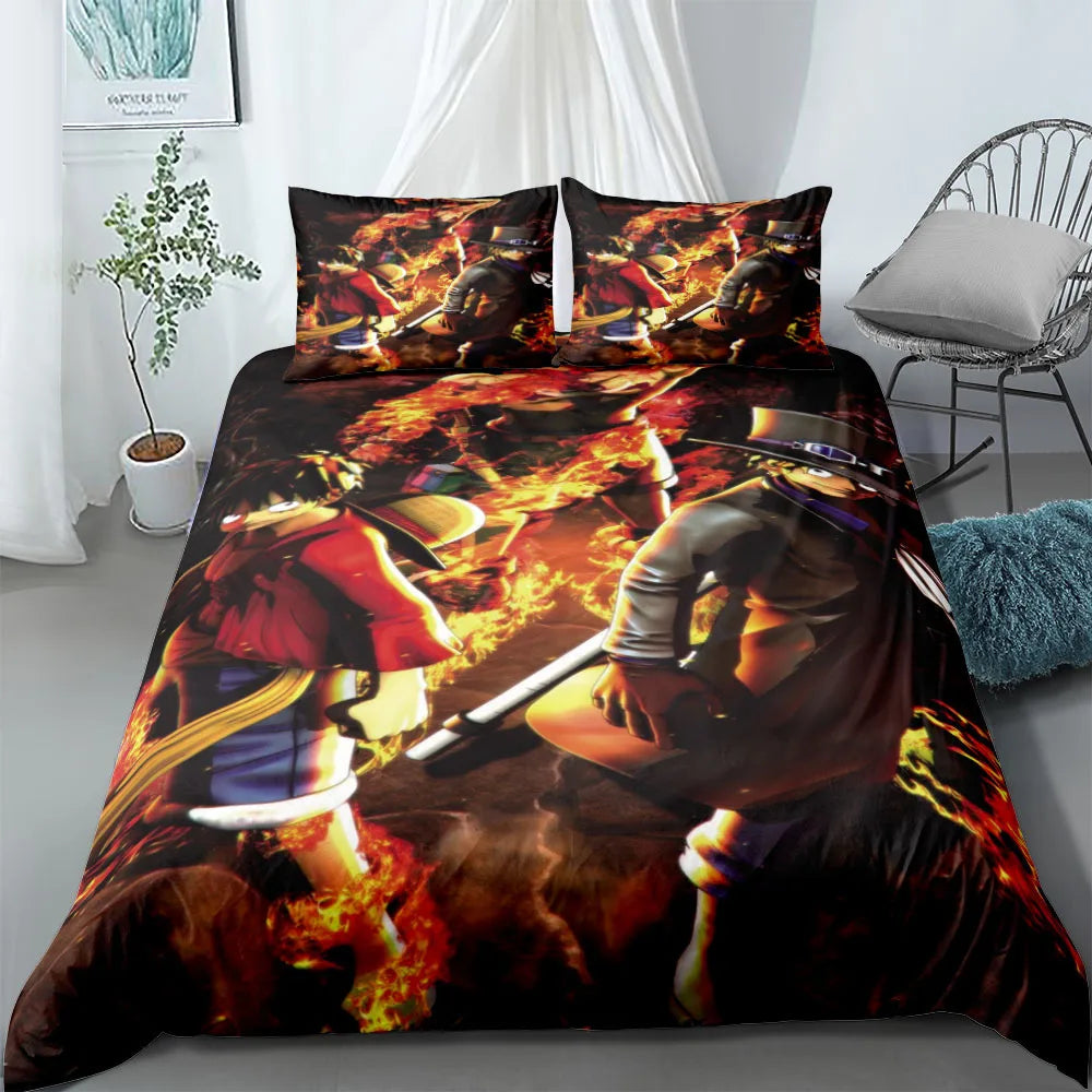 A vibrant One Piece Bedding Set featuring Monkey D. Luffy anime art on a duvet cover and pillowcase, designed for children's bedroom decor.