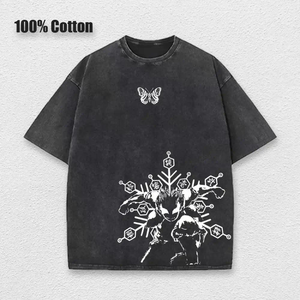 A vintage-style washed Akaza Koyuki T-shirt featuring a romantic manga graphic of Hakuji and Koyuki, oversized cotton streetwear.