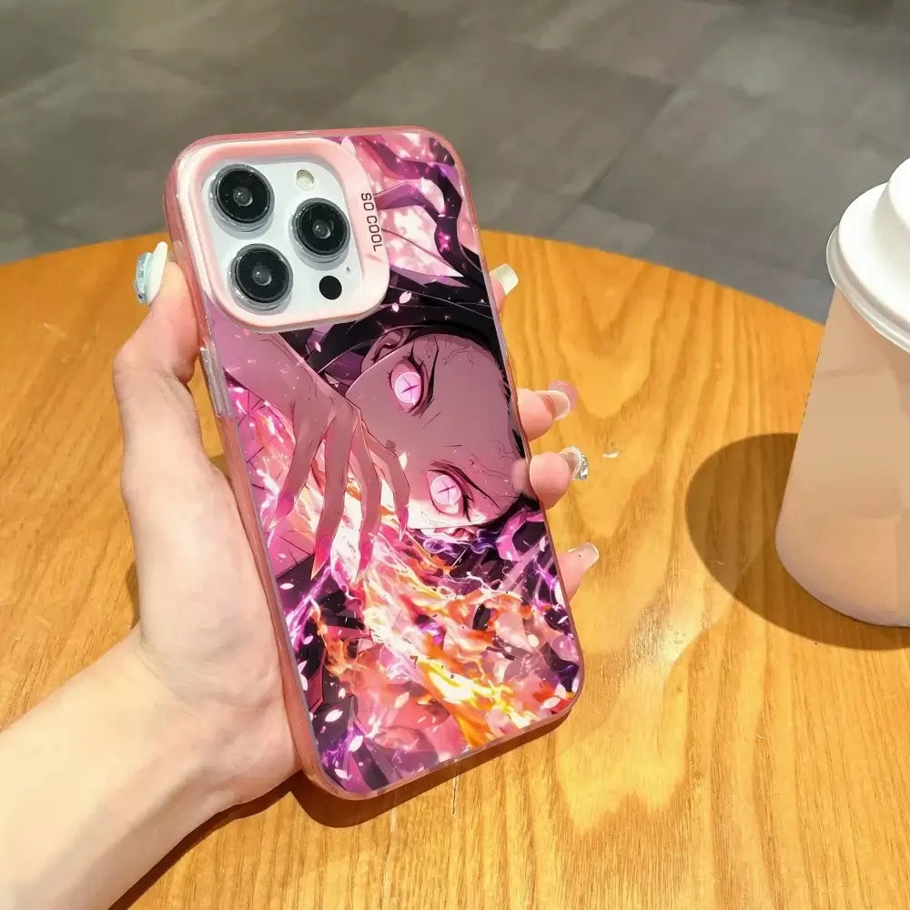 A matte black Demon Slayer Phone Case featuring cool anime character art and shockproof silicone protection for Apple iPhone 16, 15, and 14 Pro Max.