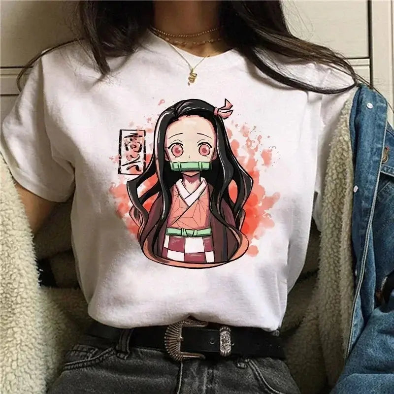 A Demon Slayer T Shirt for Women, a female Kimetsu No Yaiba graphic tee with a Nezuko and Tanjirou Kamado print.
