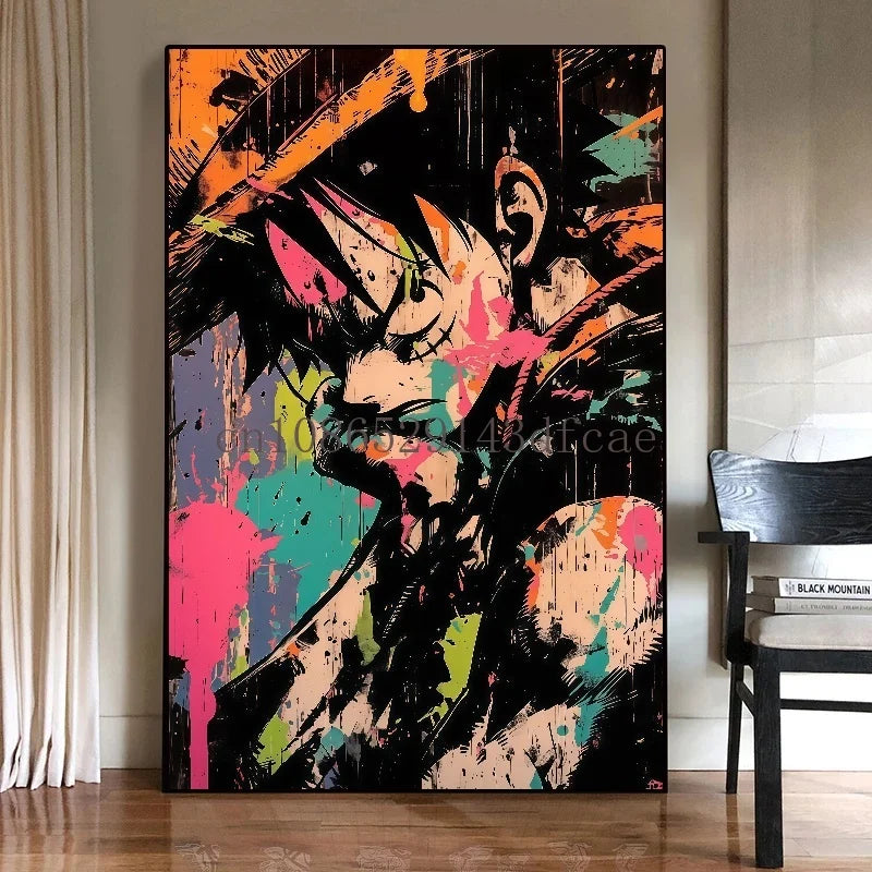 A high-quality One Piece Canvas Print featuring classic Japanese anime characters like Luffy, designed as unframed wall art for living room decoration.