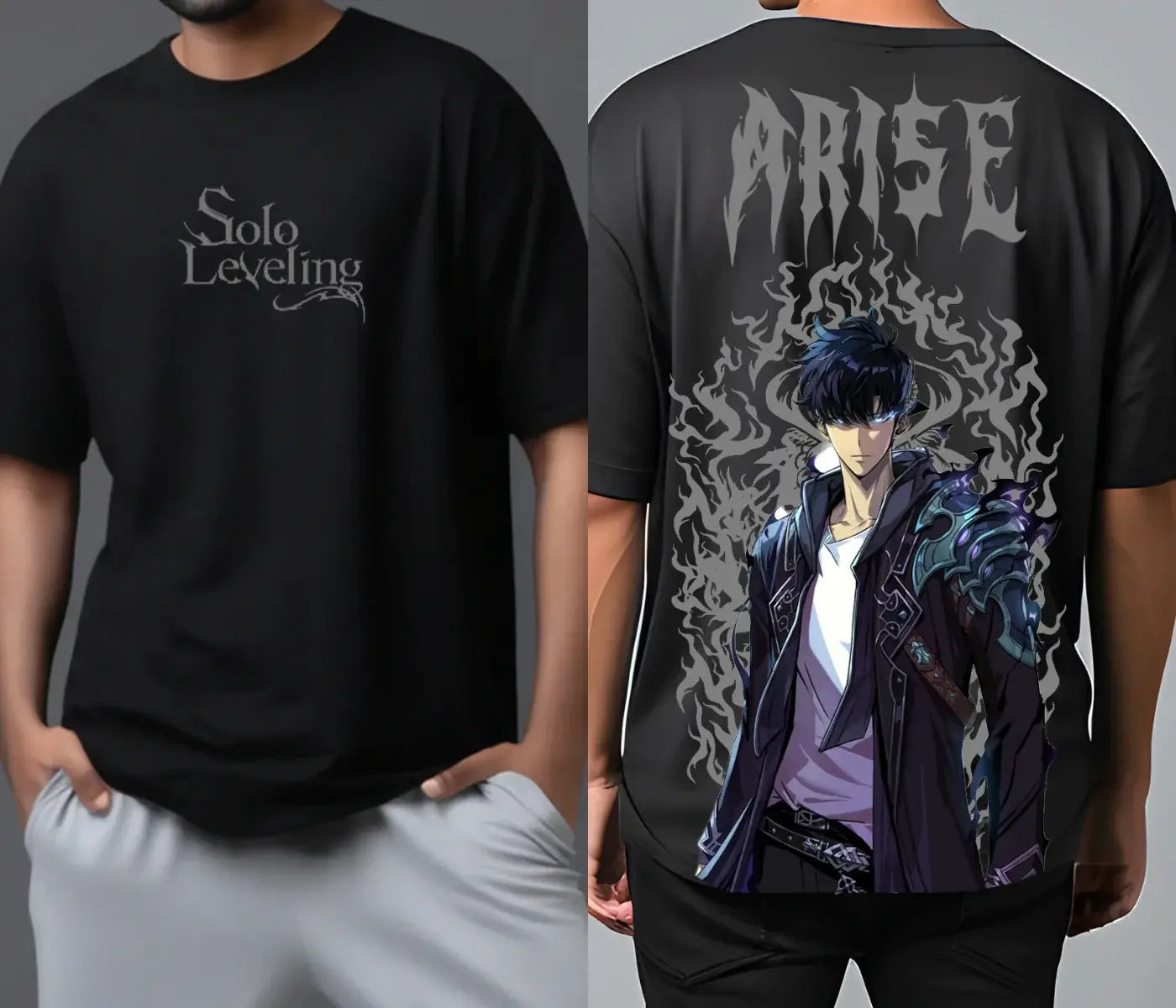 A men's Japanese Hot Amine Solo Leveling Arise Oversized Tee in a Y2K hip hop streetwear style.