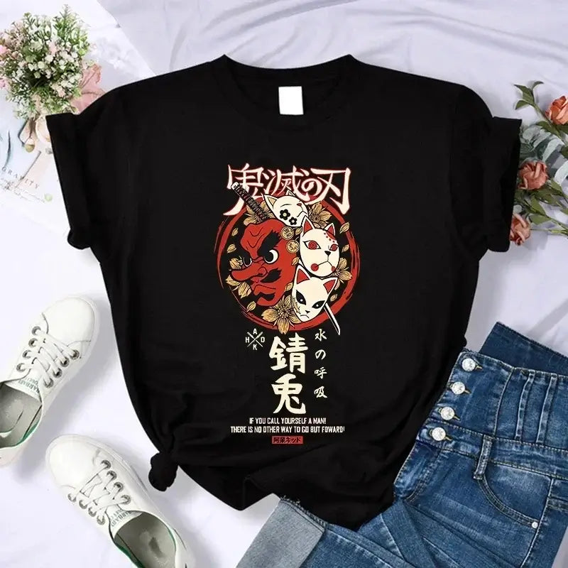 A Demon Slayer T Shirt for Women, a female Kimetsu No Yaiba graphic tee with a Nezuko and Tanjirou Kamado print.