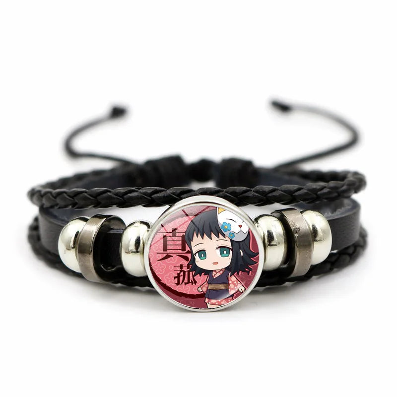 A woven leather Demon Slayer Bracelet featuring a glass art photo charm of Tanjiro Kamado and Nezuko, designed as an anime accessory for fans.