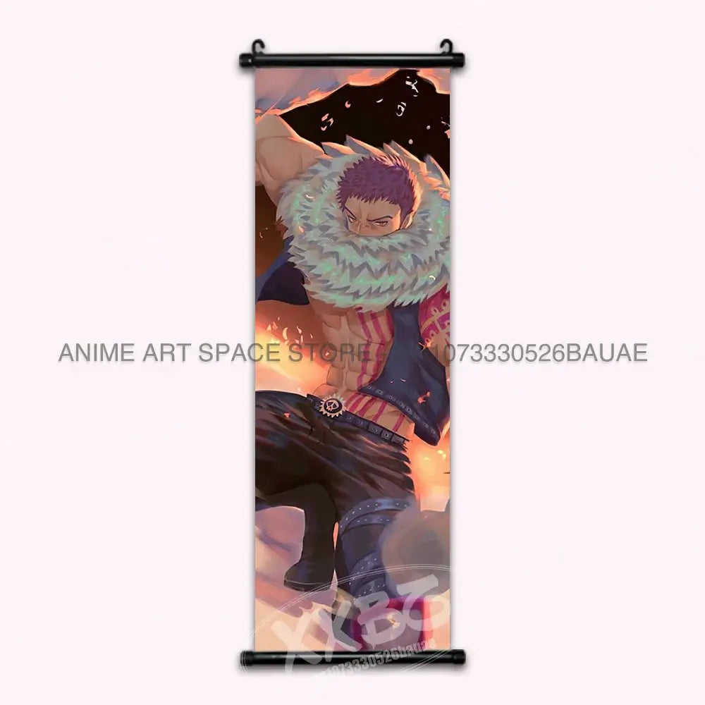 A vibrant One Piece Hanging Painting featuring anime characters Monkey D. Luffy, Portgas D. Ace, Sabo, and Shanks on a canvas scroll for home decor.