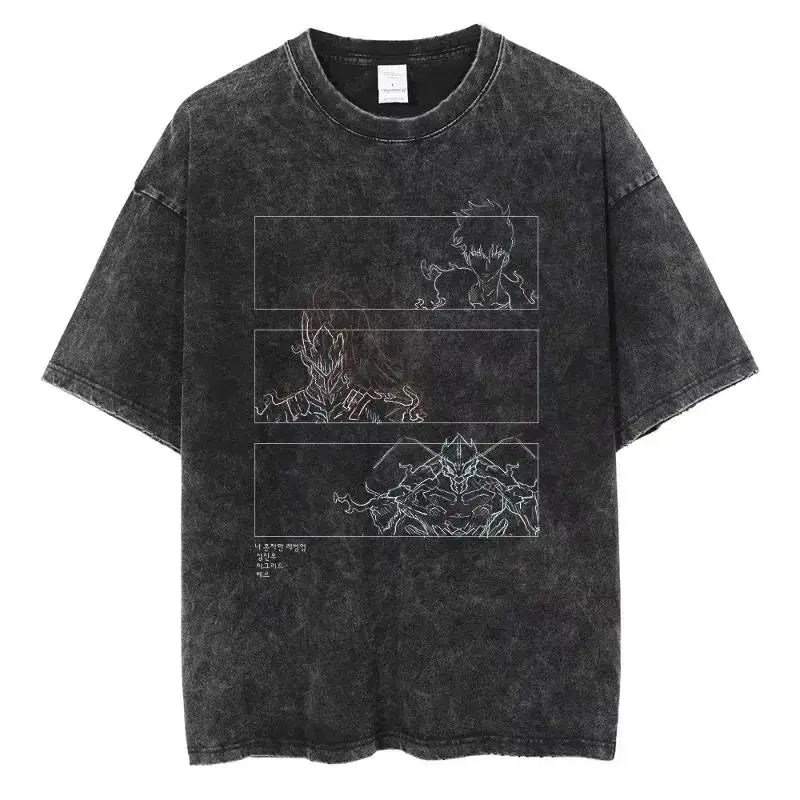A hot unisex and plus size Solo Leveling Sung Jin-Woo Printed T Shirt in a washed cotton Harajuku style.
