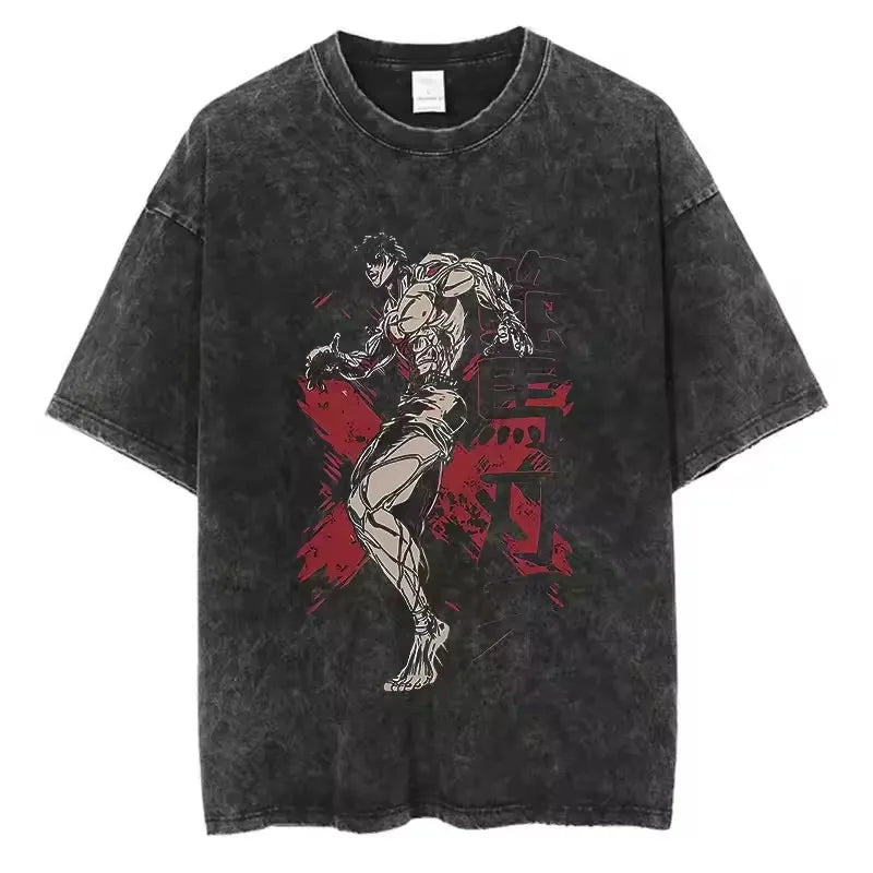 A high-quality pure cotton Baki Anime T-shirt featuring a graphic print of Baki Hanma, designed as a casual loose fit top for men and women.
