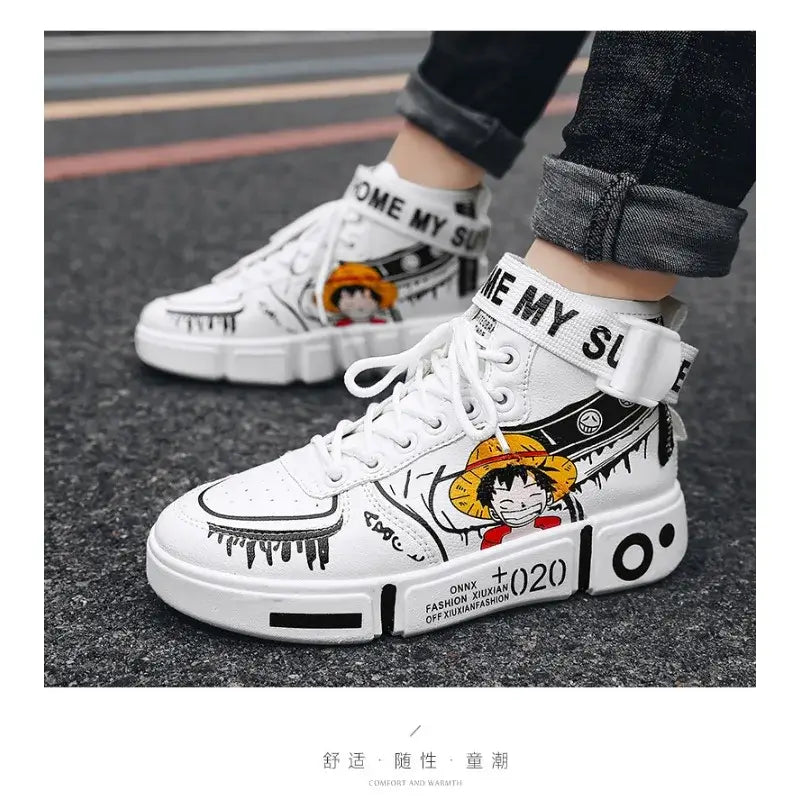 A pair of Anime One Piece Luffy High Top Shoes featuring Roronoa Zoro, designed as breathable, non-slip leisure sports sneakers for men and women.