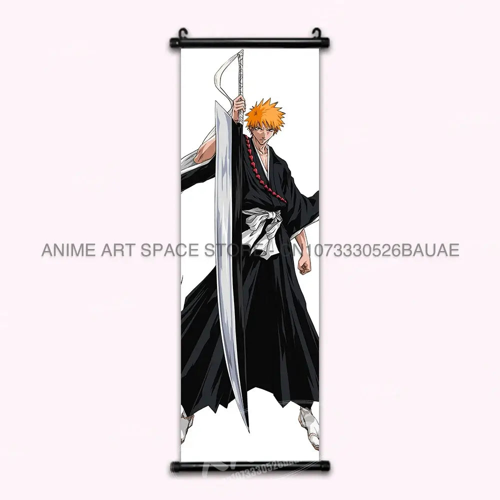 High-quality Bleach Anime Posters Japanese hanging scroll featuring Kurosaki Ichigo and Kuchiki Rukia printed on durable canvas for home decor.