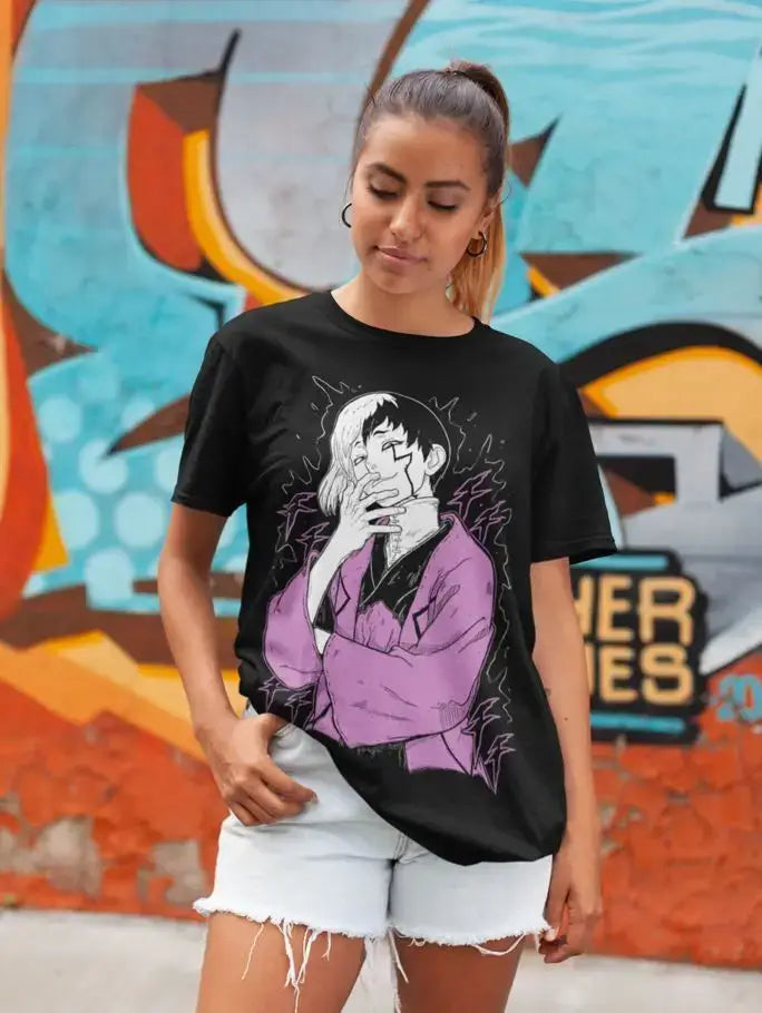 A black Gen Asagiri T-Shirt from Dr. Stone, featuring the character, a gift shirt available in all sizes.