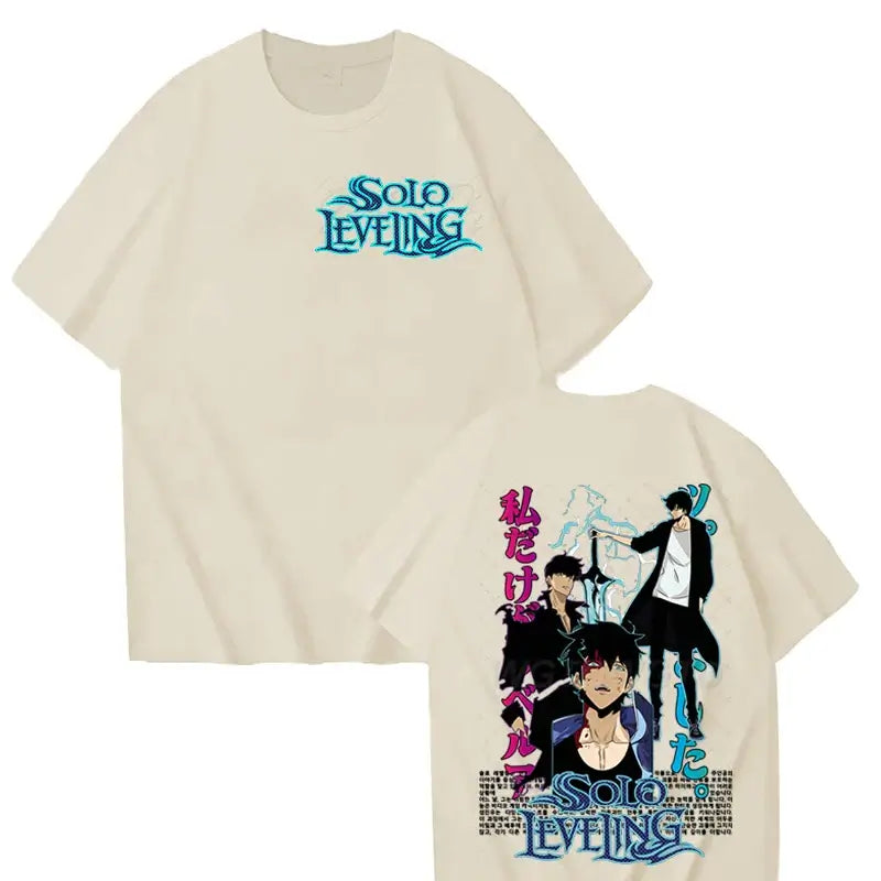 A cool black Solo Leveling T-shirt made of cotton, featuring a high-definition Sung Jinwoo anime graphic in Harajuku street style for men and women.