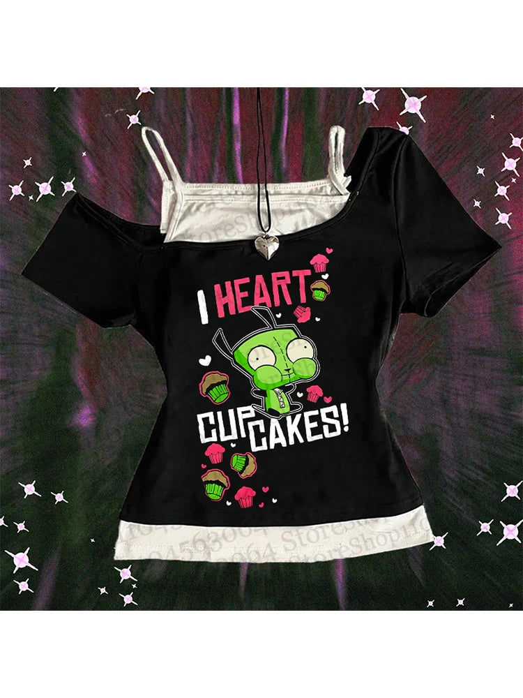 A model wearing the Y2k Clothes Women Tops, a cute cropped Harajuku top with suspenders, showcasing 2000s fashion.