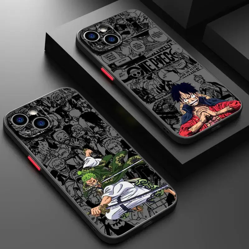 A luxury One Piece iPhone Case with frosted translucent finish and anime art, fitted for Apple iPhone 15, 14, and 13 Pro Max.