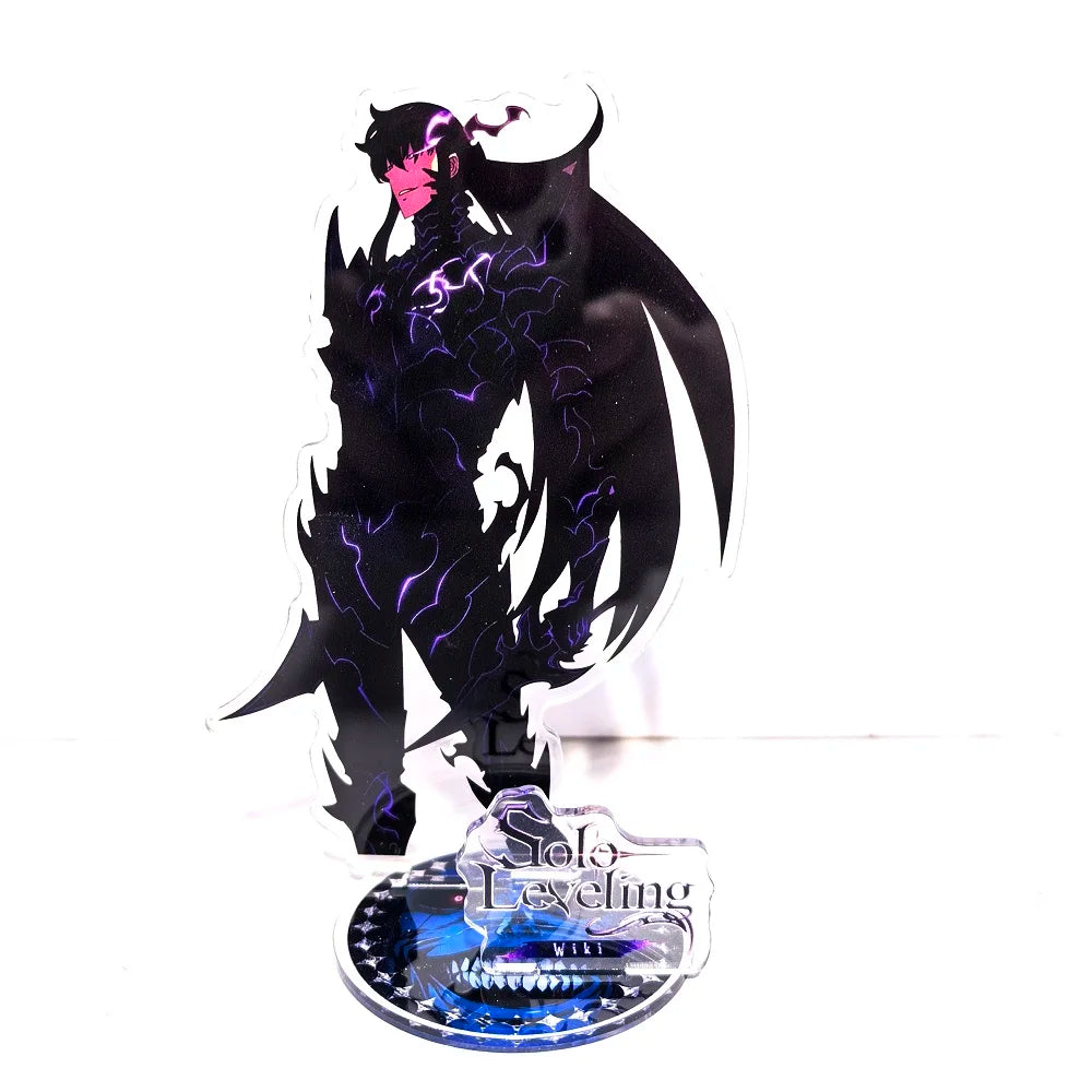 A high-definition 15cm Solo Leveling Acrylic Stand featuring Sung Jinwoo, Sung Jin Ah, and Yoo Jin Ho anime action figures for desk decoration.