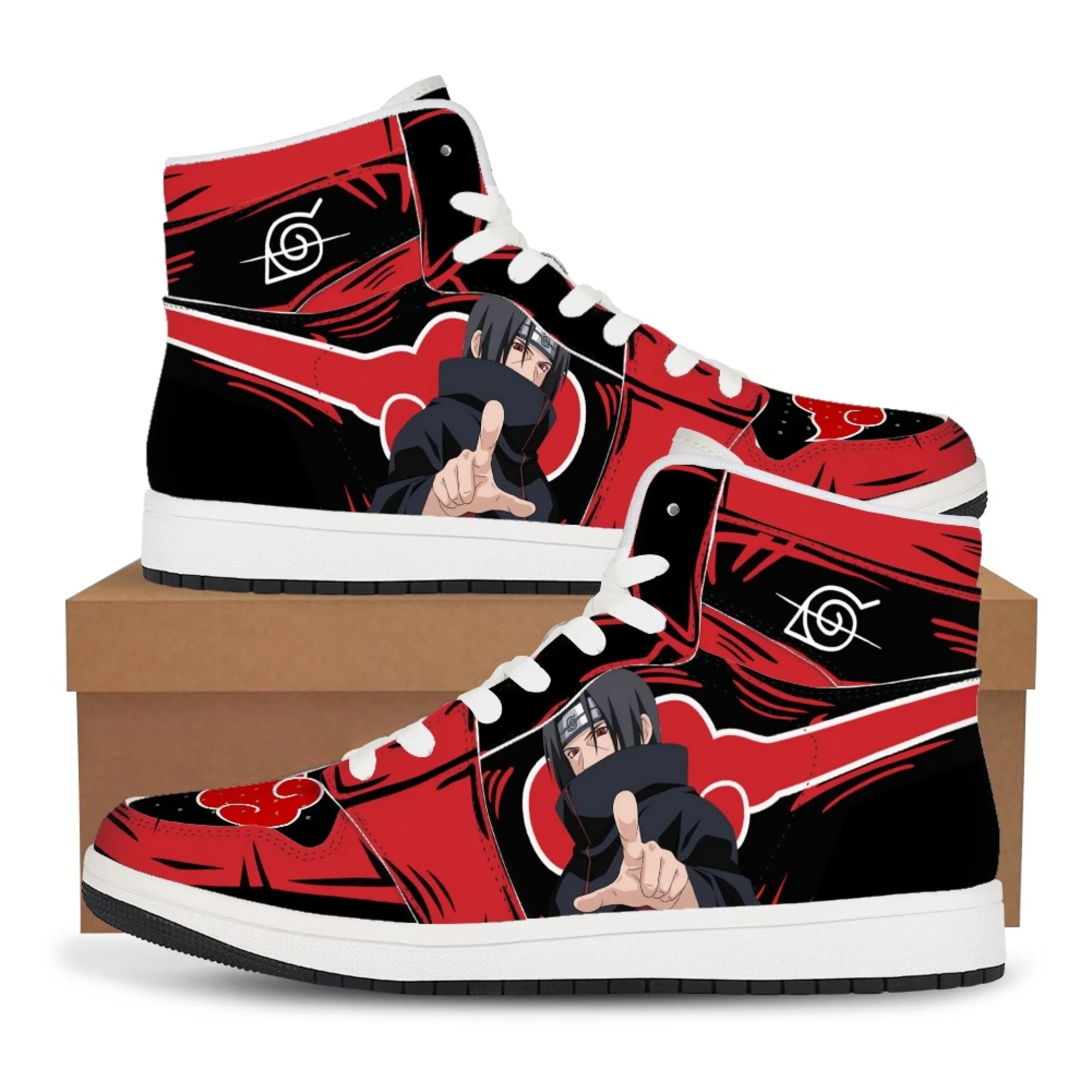 Trendy black Akatsuki High-Top Sneakers featuring the red cloud anime symbol, comfortable casual basketball shoes for men.