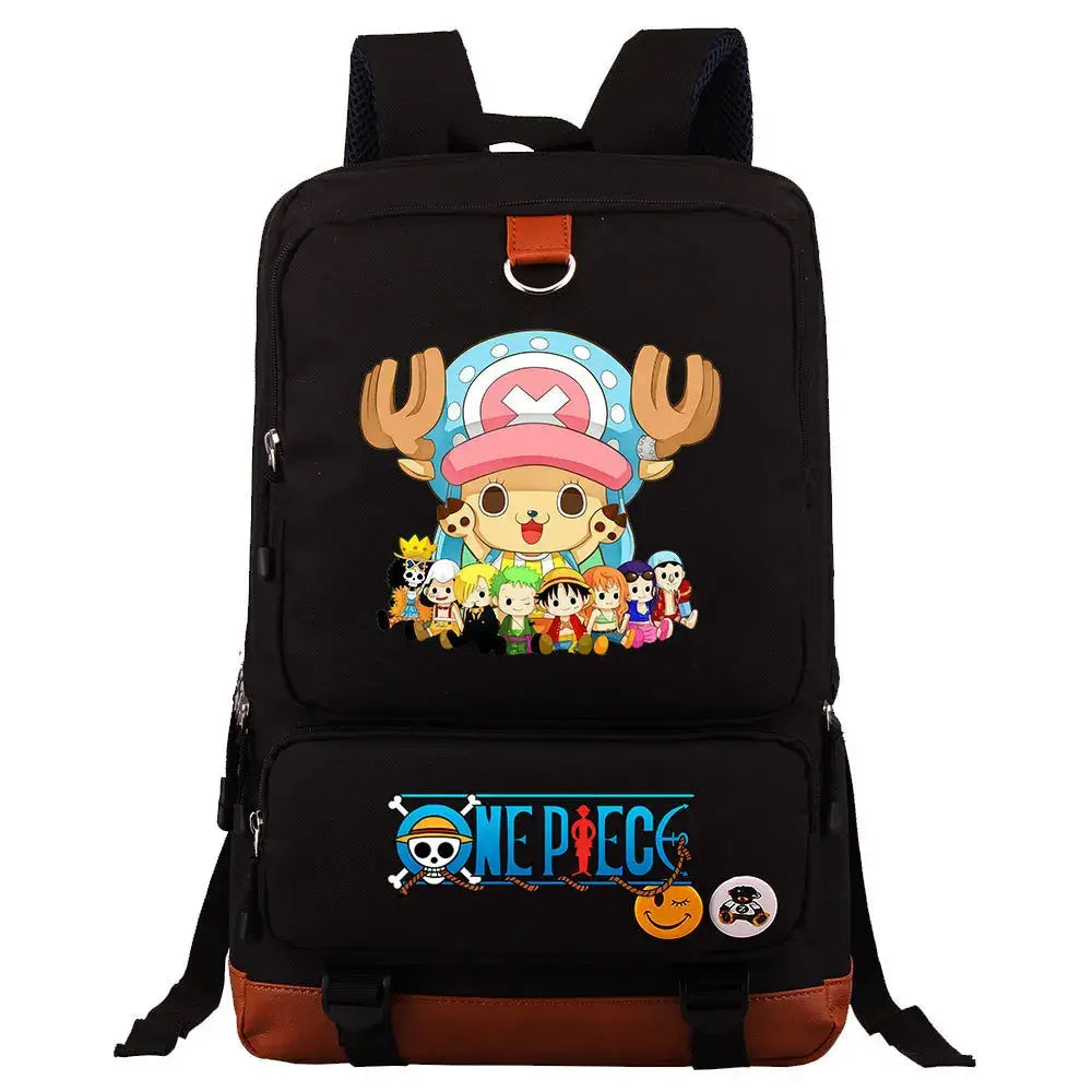 A large, unisex One Piece Luffy Printed Unisex Backpack suitable for school and travel, with compartments for a laptop and iPad.
