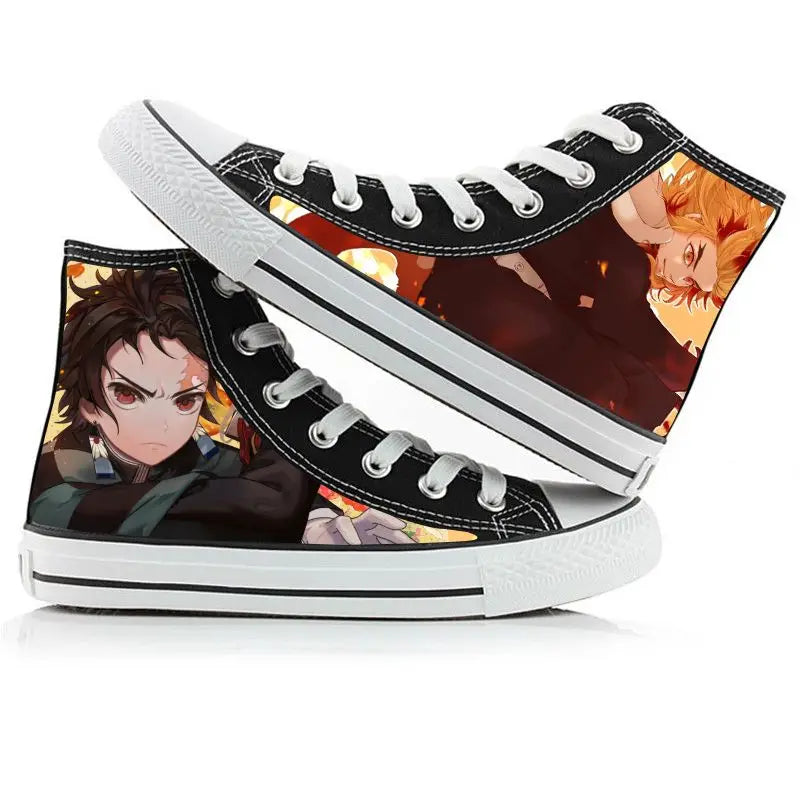 A pair of kawaii Anime Demon Slayer Canvas Shoes in a hand-painted high-top sneaker style for boys and girls.
