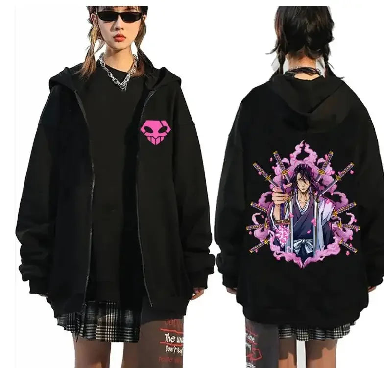 An oversized Bleach Ichigo Zip Up Hoodie featuring Kurosaki Ichigo graphic art, styled as a Harajuku streetwear jacket for men and women.