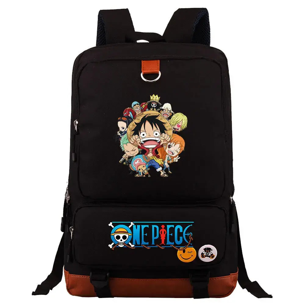 A large, unisex One Piece Luffy Printed Unisex Backpack suitable for school and travel, with compartments for a laptop and iPad.