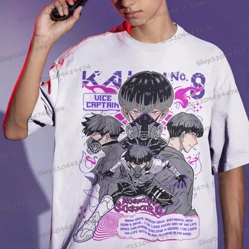 A trendy Y2K Anime Kaiju No 8 T-shirt with a creative Soshiro Hoshina print for men and women.