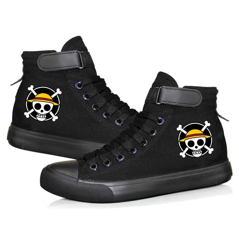 Trendy One Piece Luffy High Top Shoes featuring anime character art, designed as breathable non-slip leisure sports sneakers for students.
