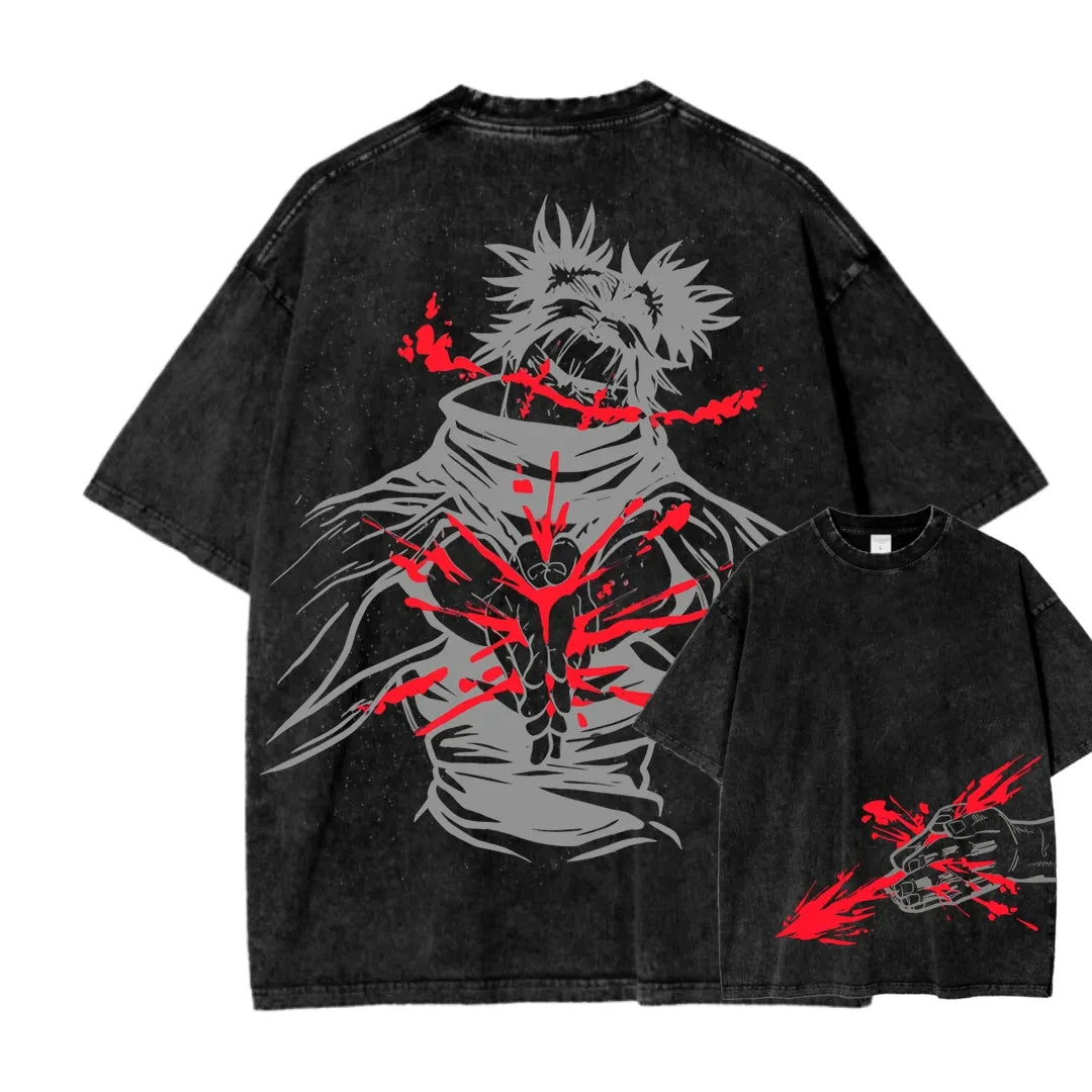 A vintage washed Jujutsu Kaisen CHOSO T-shirt in a Harajuku street style for men and women.